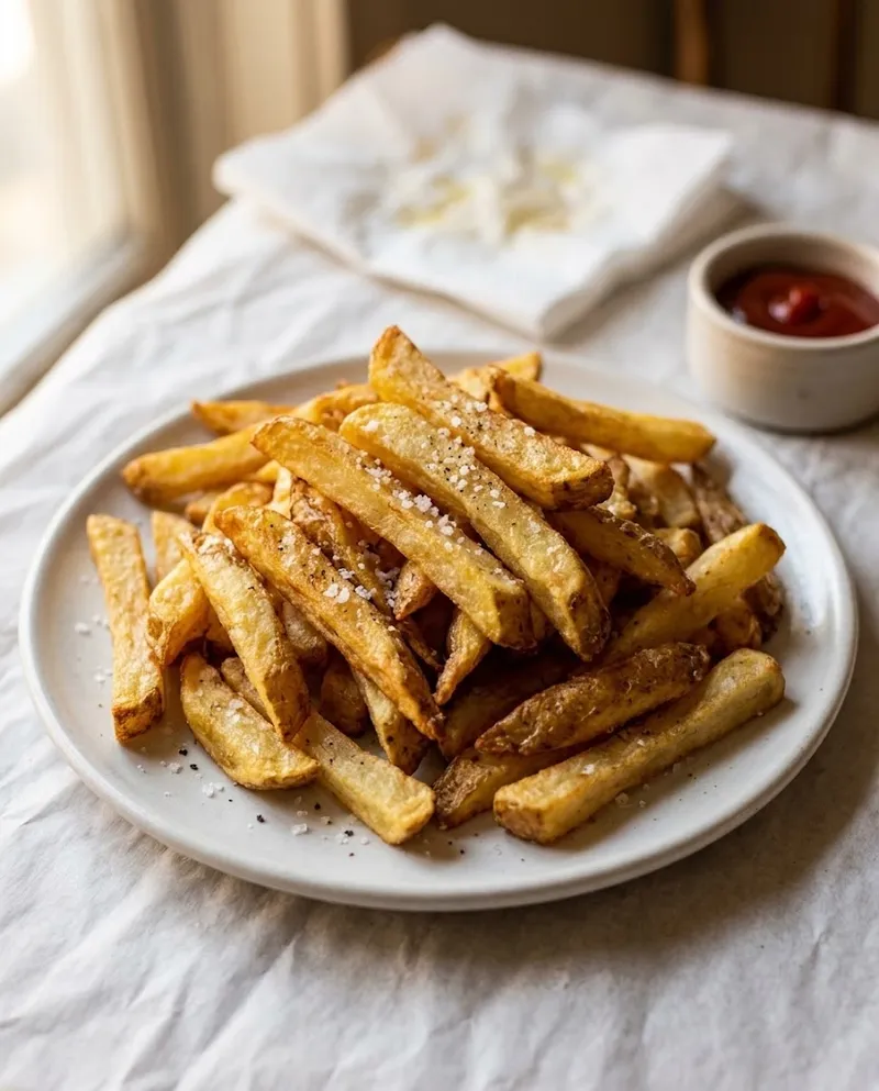 Um prato de batata frita estaladiça