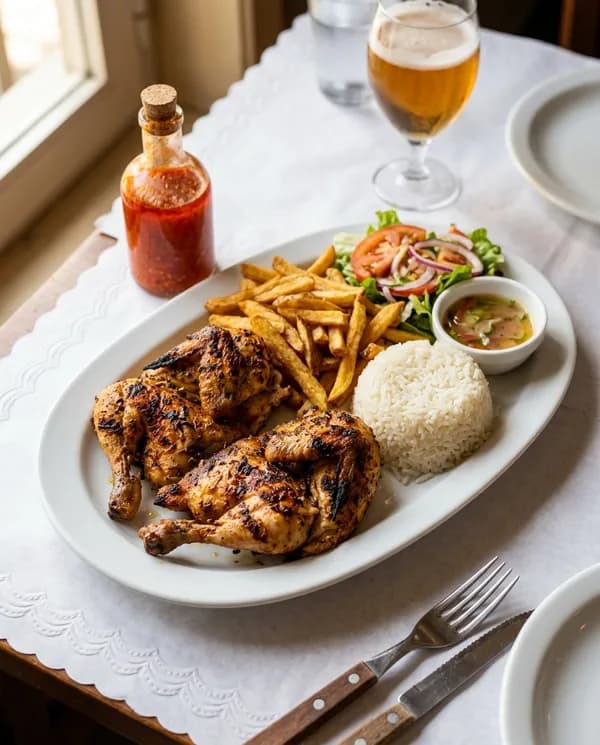 Frango no churrasco com batata frita e arroz